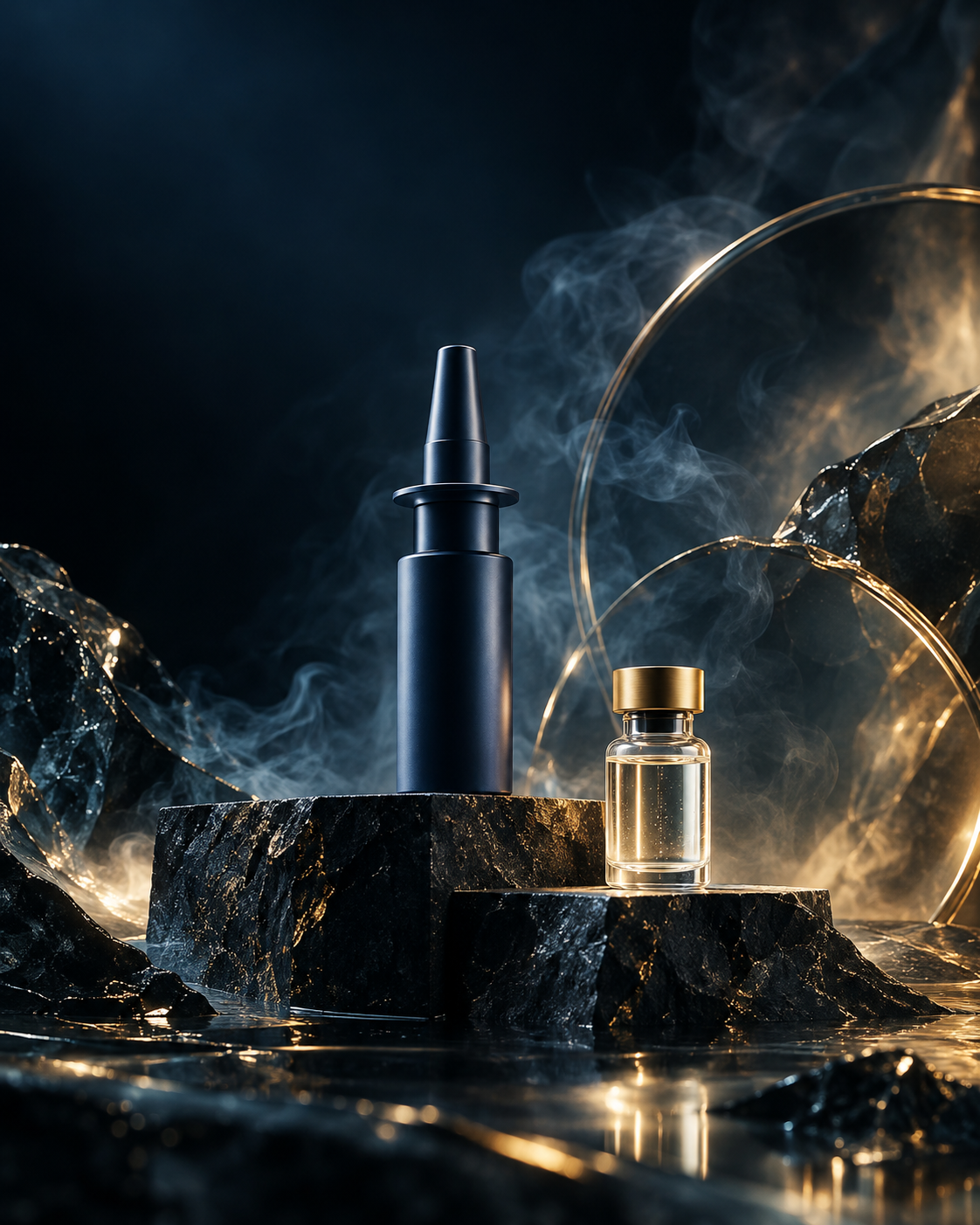 Unbranded nasal research container and glass laboratory vial on dark stone plinths