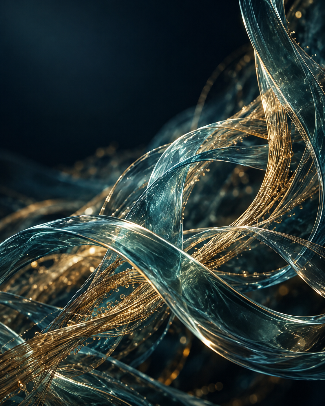 Interwoven translucent fibers and glass ribbons in a sculptural tissue-inspired composition
