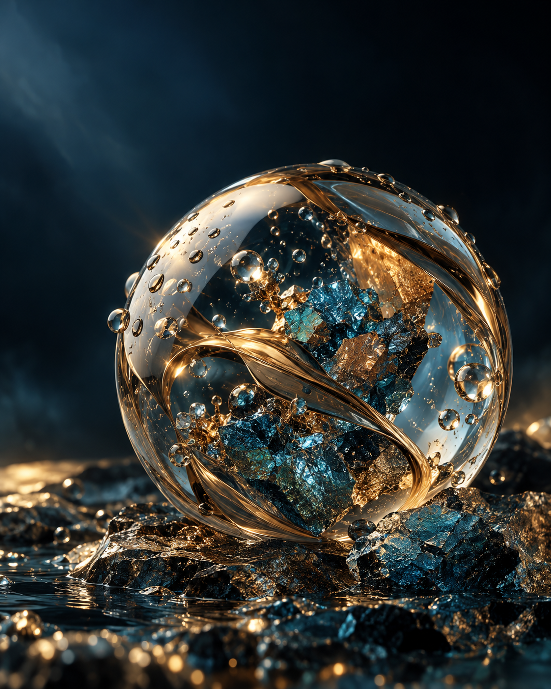 Glass sphere, copper ribbons, and blue mineral textures in an editorial research still life